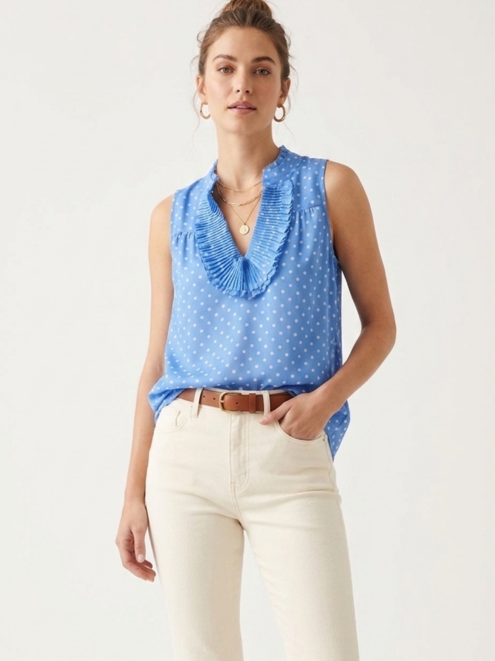 Anthropologie Blue Tassel Silk Sleeveless Polka Dot Blouse Large